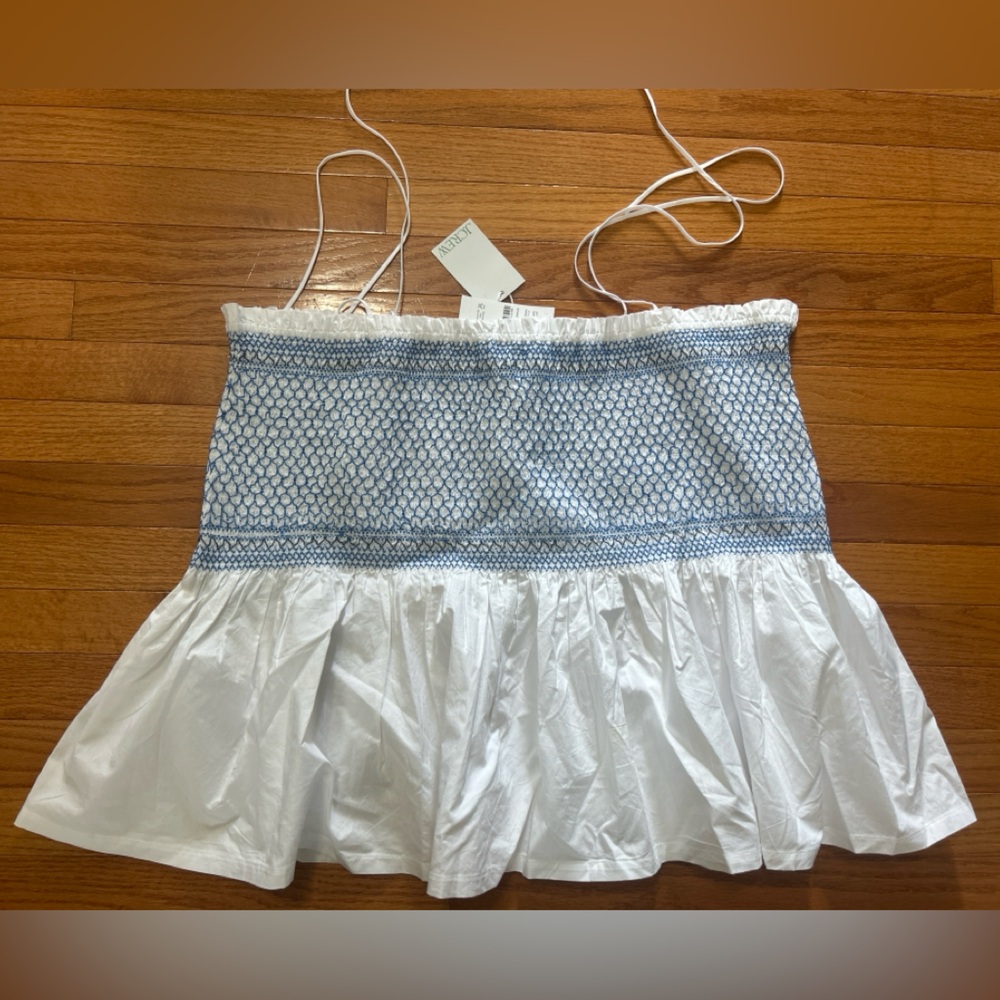 J Crew Paloma Top Womens 3X White Blue Smocked Flared Tie Shoulder Summer NWT